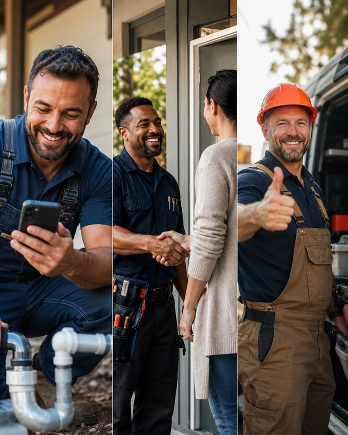 Happy tradespeople winning more work with BoostReach: checking a new booking, shaking hands with a customer, and giving a thumbs-up